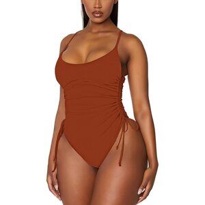Women's Orange Ruched High Cut One Piece Tummy Control Swimsuit